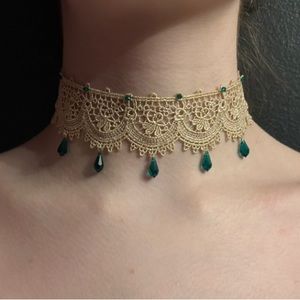 Gold Metallic Lace Choker with Green Crystals